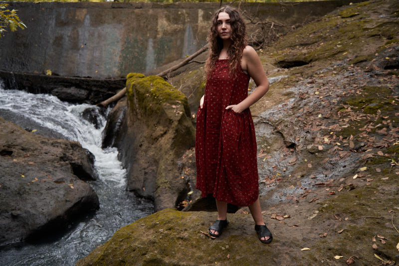 Cherry Blossom Pocketed Midi Dress - Red cotton by World of Crow in red color for women Worldwide