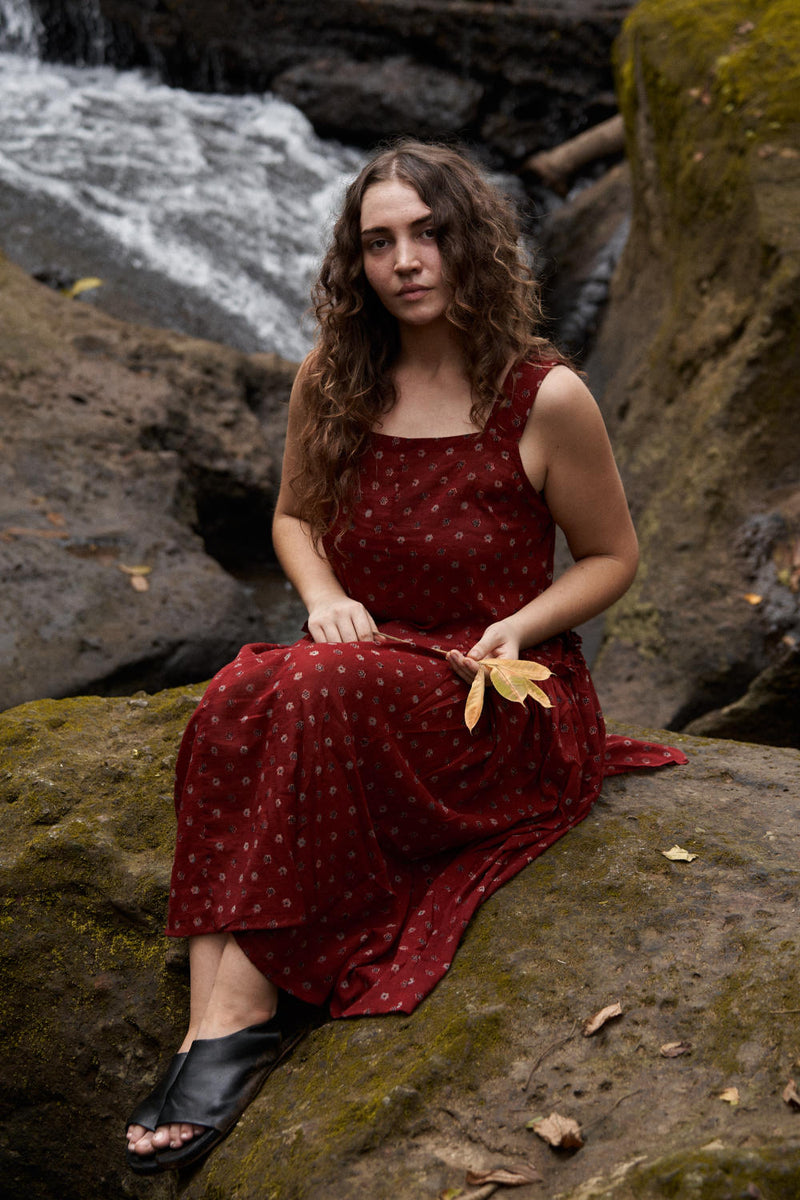 Cherry Blossom Pocketed Midi Dress - Red cotton by World of Crow in red color for women Worldwide