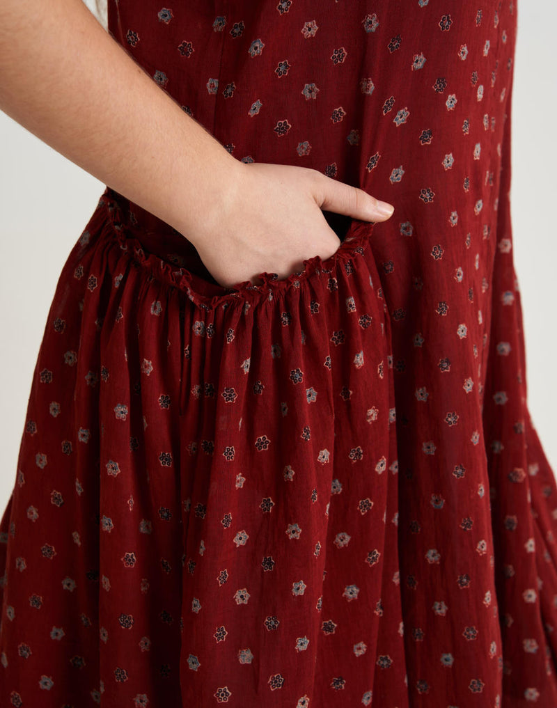 Cherry Blossom Pocketed Midi Dress - Red cotton by World of Crow in red color for women Worldwide