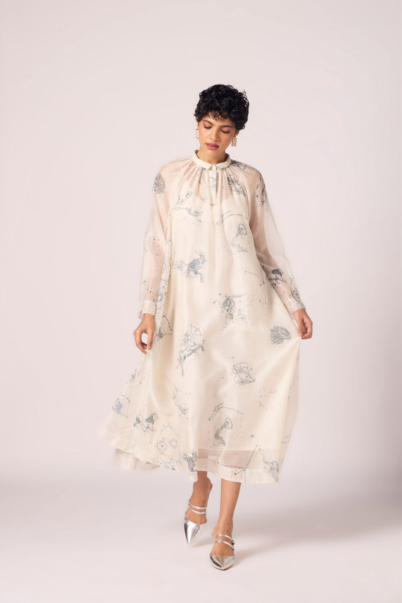 Cheryl Zodiac Print Handwoven Dress chanderi by The Summer House in white color for women Worldwide