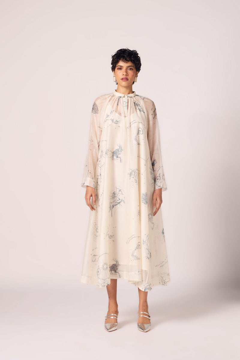 Cheryl Zodiac Print Handwoven Dress chanderi by The Summer House in white color for women Worldwide