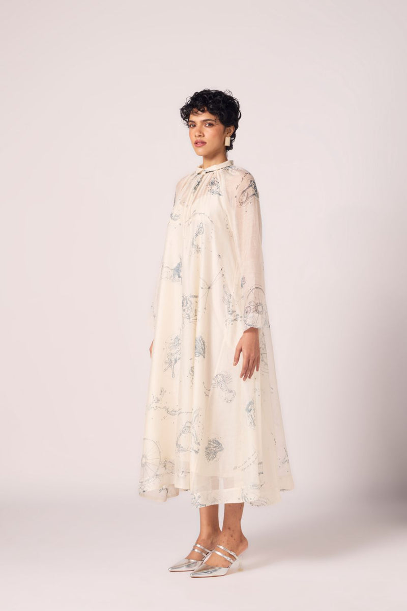 Cheryl Zodiac Print Handwoven Dress chanderi by The Summer House in white color for women Worldwide