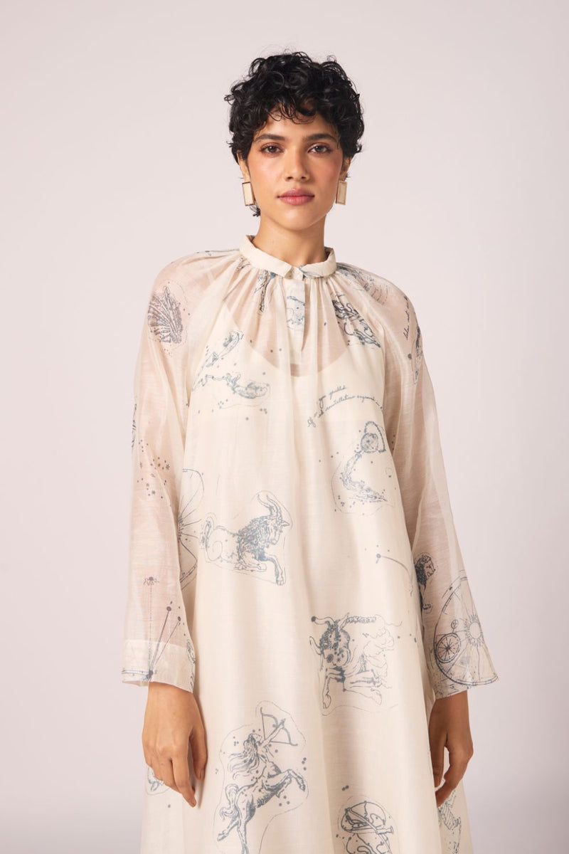 Cheryl Zodiac Print Handwoven Dress chanderi by The Summer House in white color for women Worldwide