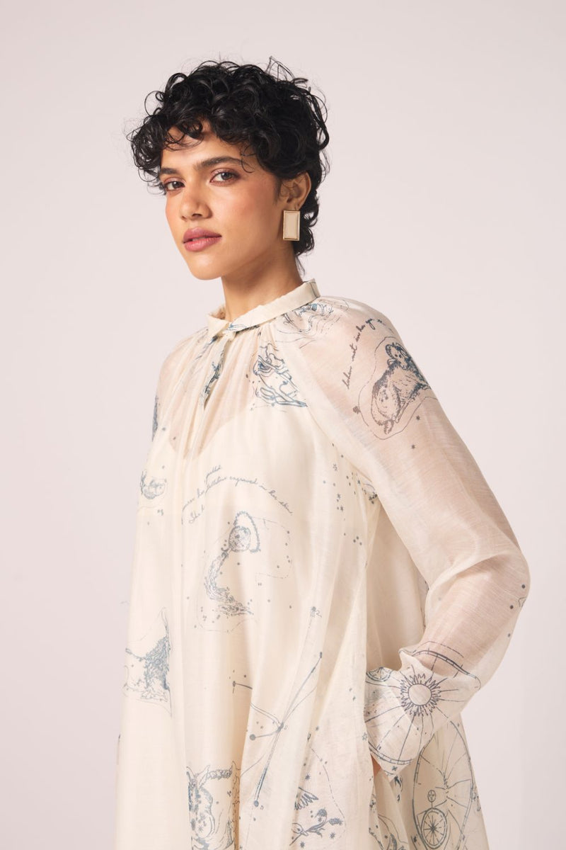 Cheryl Zodiac Print Handwoven Dress chanderi by The Summer House in white color for women Worldwide