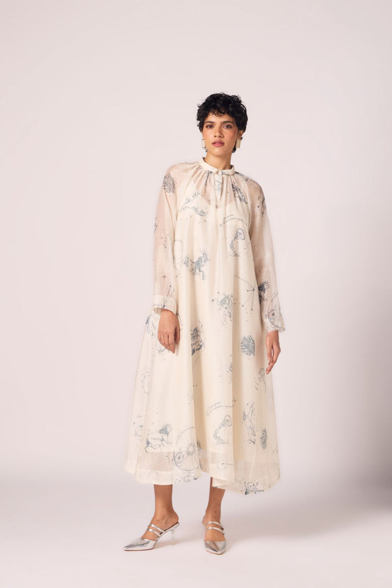 Cheryl Zodiac Print Handwoven Dress chanderi by The Summer House in white color for women Worldwide