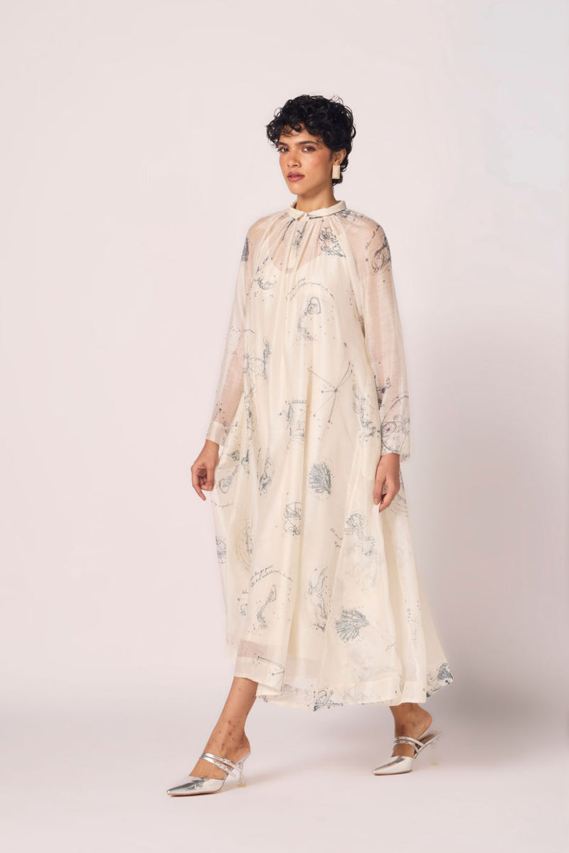 Cheryl Zodiac Print Handwoven Dress chanderi by The Summer House in white color for women Worldwide