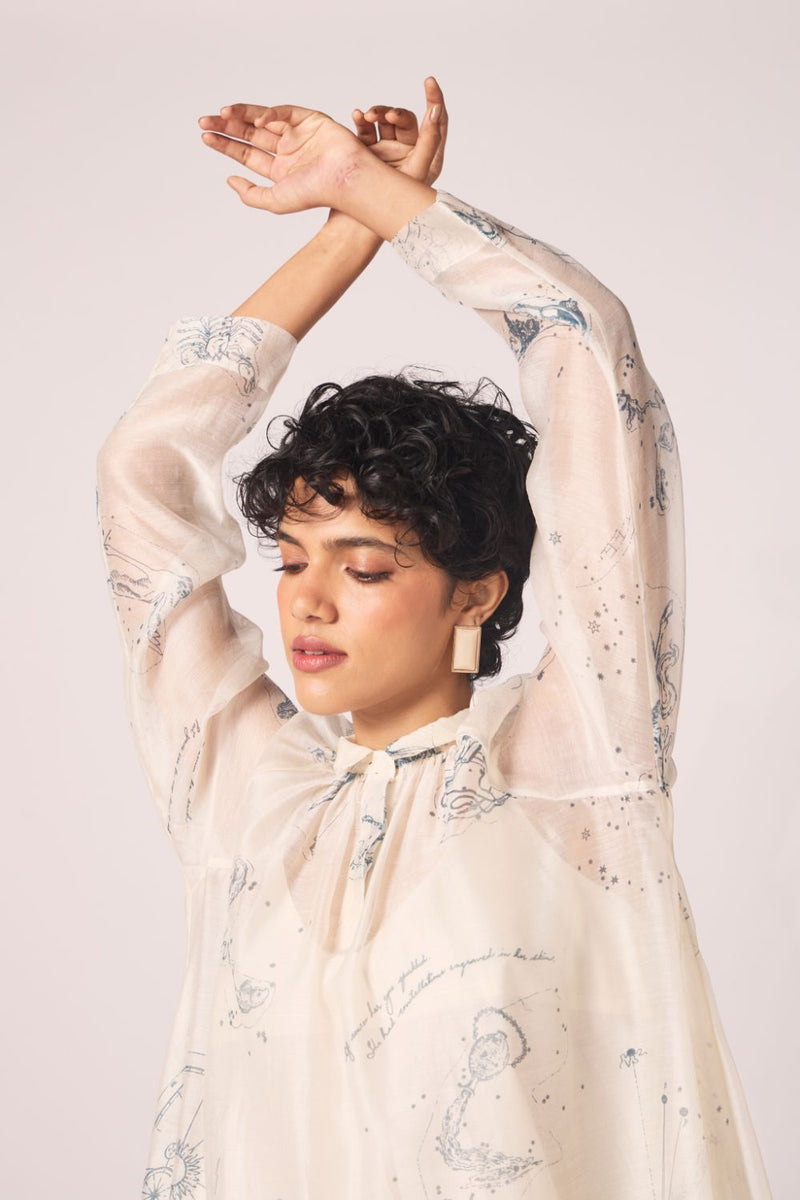 Cheryl Zodiac Print Handwoven Dress chanderi by The Summer House in white color for women Worldwide