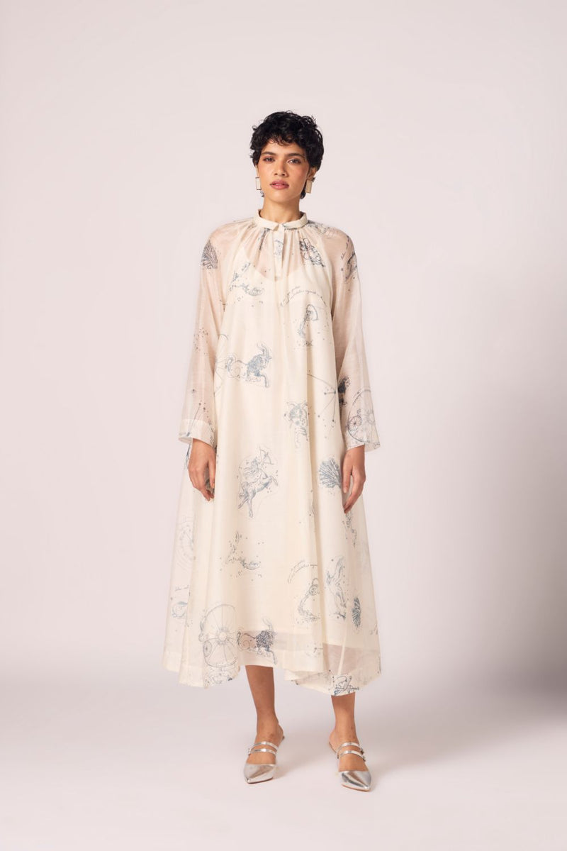 Cheryl Zodiac Print Handwoven Dress chanderi by The Summer House in white color for women Worldwide