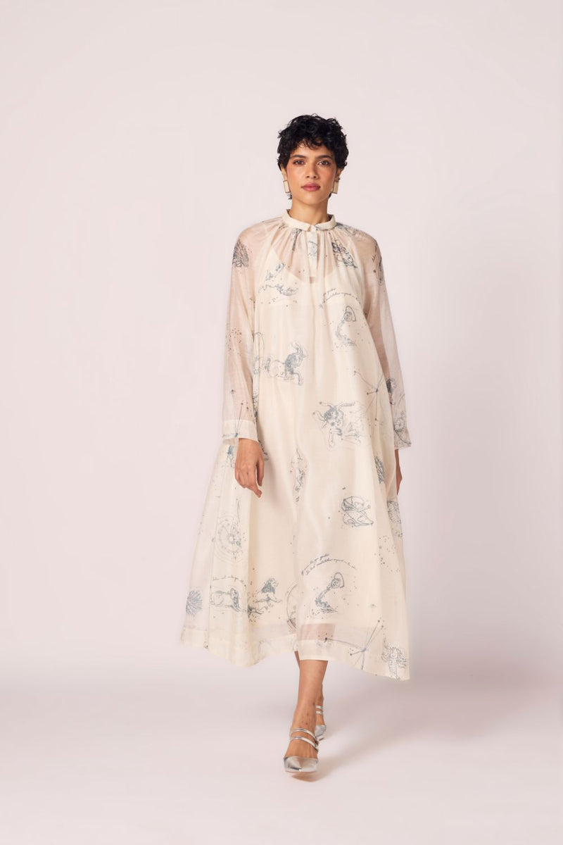Cheryl Zodiac Print Handwoven Dress chanderi by The Summer House in white color for women Worldwide