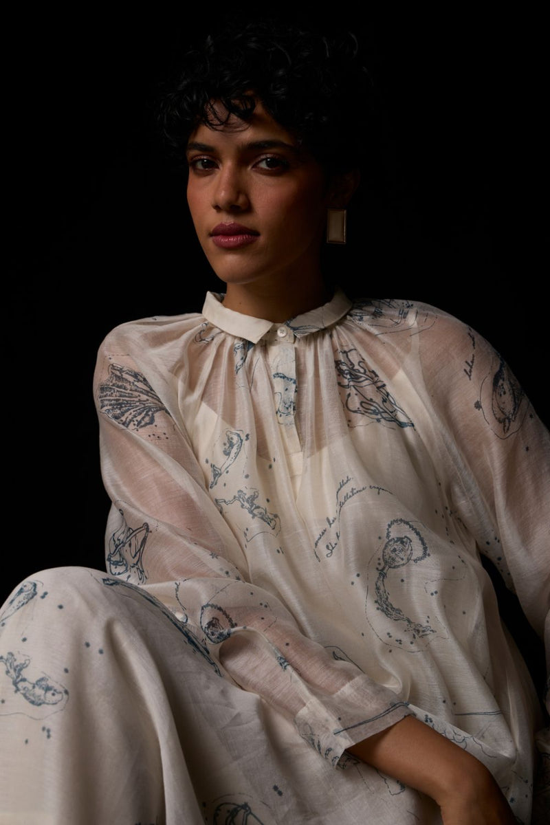 Cheryl Zodiac Print Handwoven Dress chanderi by The Summer House in white color for women Worldwide