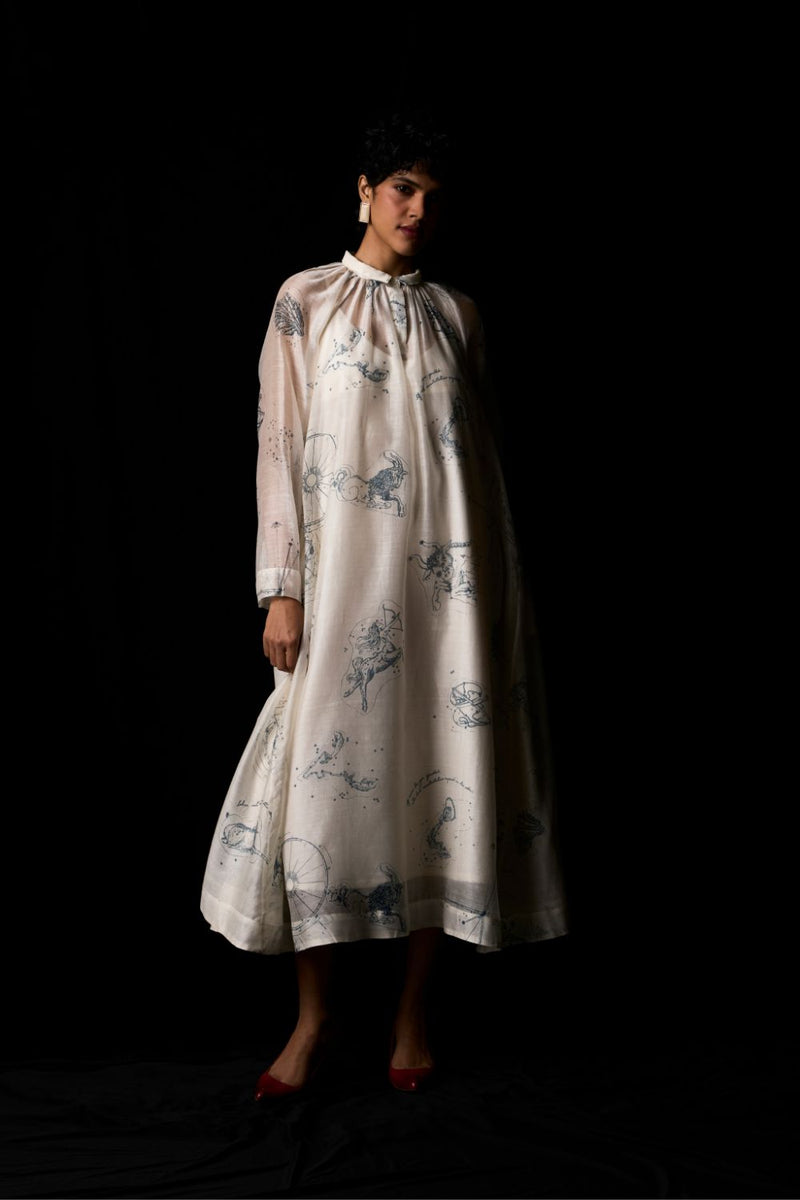 Cheryl Zodiac Print Handwoven Dress chanderi by The Summer House in white color for women Worldwide
