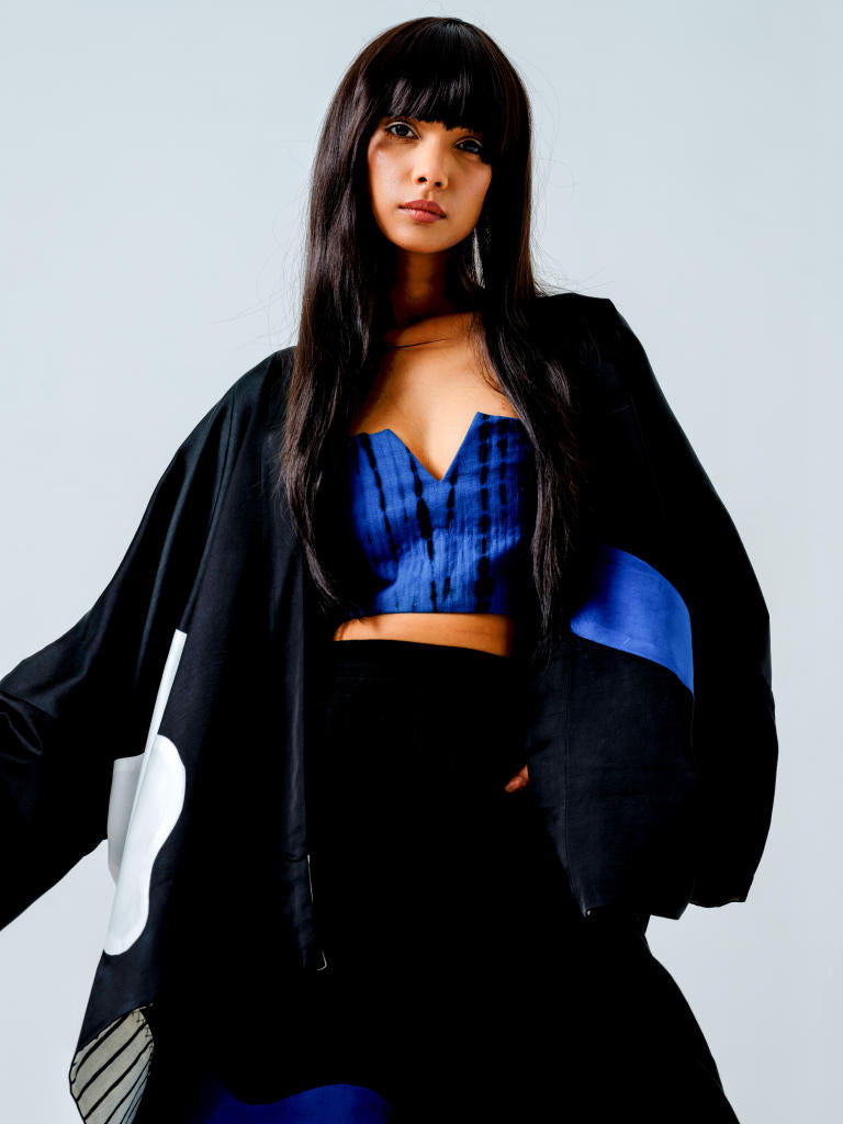 Chia Jacket- (Black + Blue + Natural) linen satin jackets and overlays by Stoique in black, blue, natural for women Worldwide
