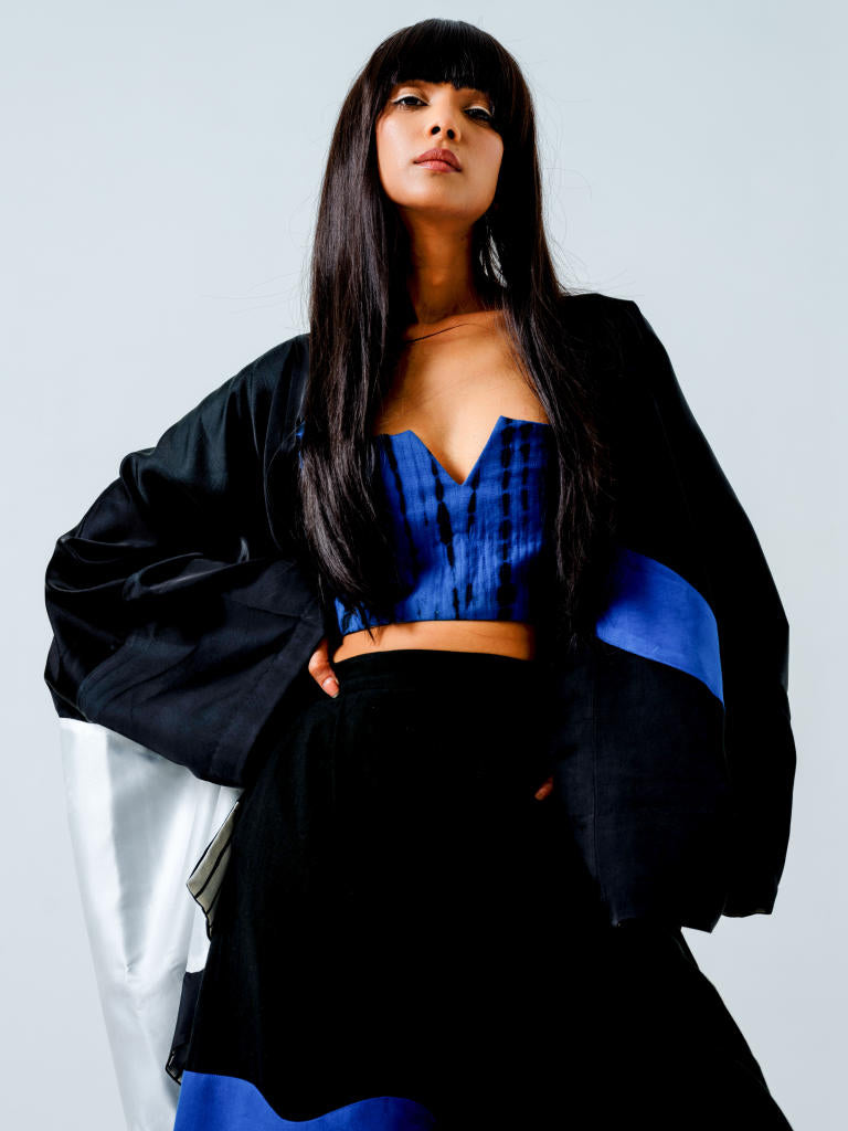 Chia Jacket- (Black + Blue + Natural) linen satin jackets and overlays by Stoique in black, blue, natural for women Worldwide