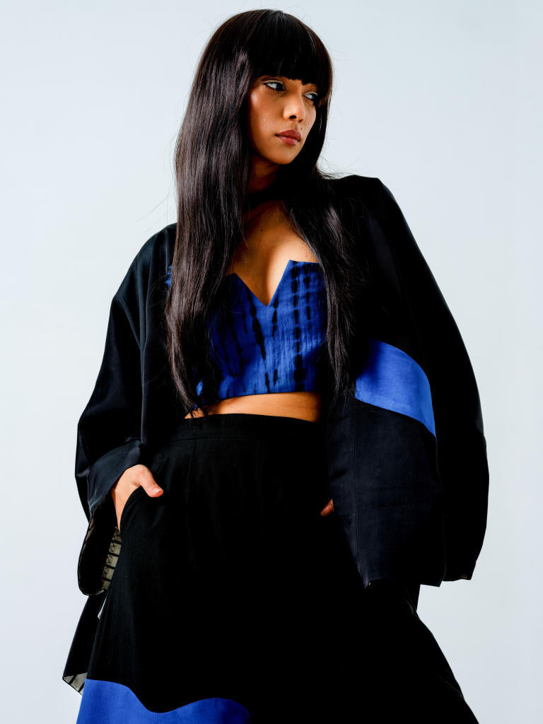 Chia Jacket- (Black + Blue + Natural) linen satin jackets and overlays by Stoique in black, blue, natural for women Worldwide