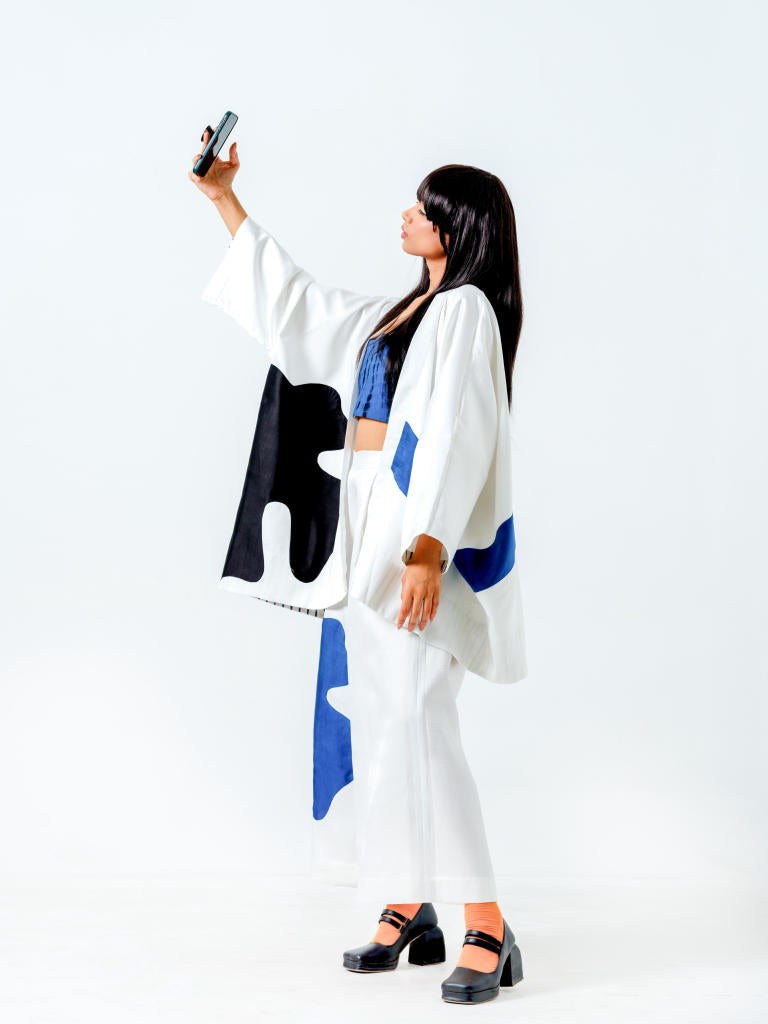 Chia Jacket-(Natural+Blue+black) linen satin jackets and overlays by Stoique in natural, blue, black for women Worldwide
