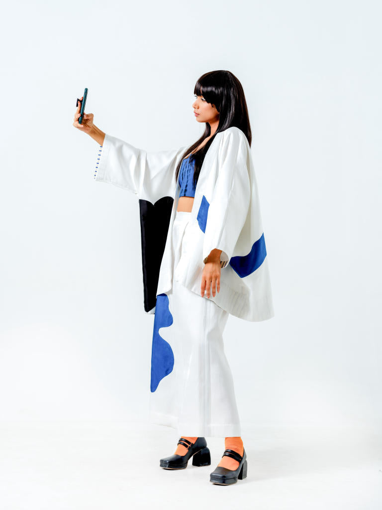 Chia Jacket-(Natural+Blue+black) linen satin jackets and overlays by Stoique in natural, blue, black for women Worldwide