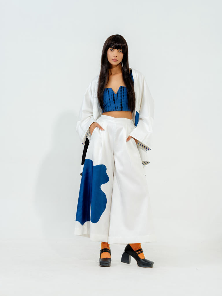 Chia Pants satin linen pants/trousers by Stoique in natural, blue for women Worldwide