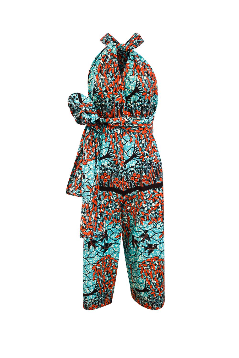 Chinwe Culotte leg Infinity Jumpsuit - Cyan/Orange Fallen Tree Print |TROPICANA