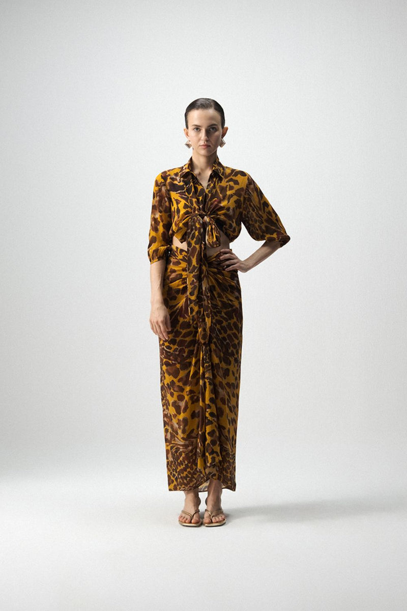 CHITARA TIE UP TOP AND KNOTTED SKIRT SET by Yam in yellow color for women Worldwide
