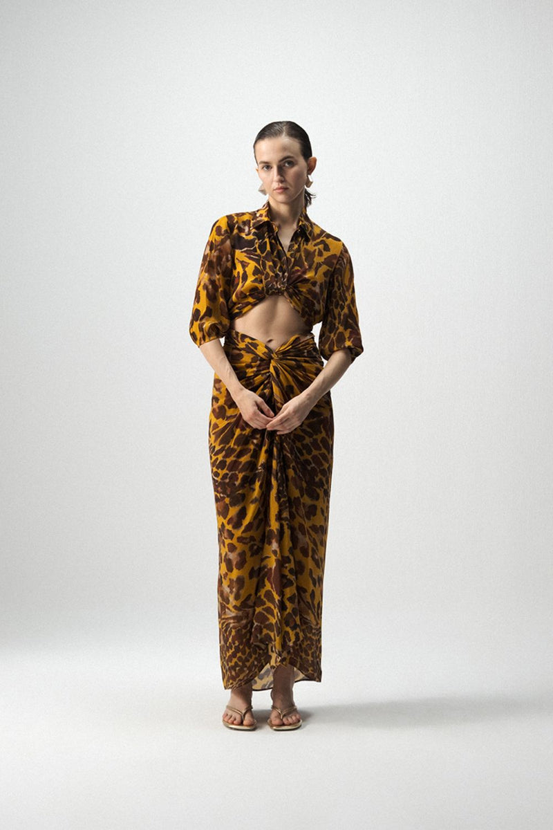 CHITARA TIE UP TOP AND KNOTTED SKIRT SET by Yam in yellow color for women Worldwide