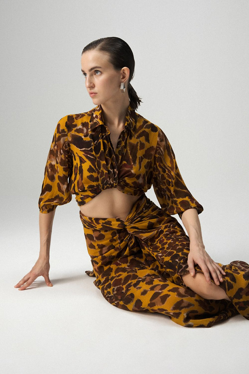 CHITARA TIE UP TOP AND KNOTTED SKIRT SET by Yam in yellow color for women Worldwide