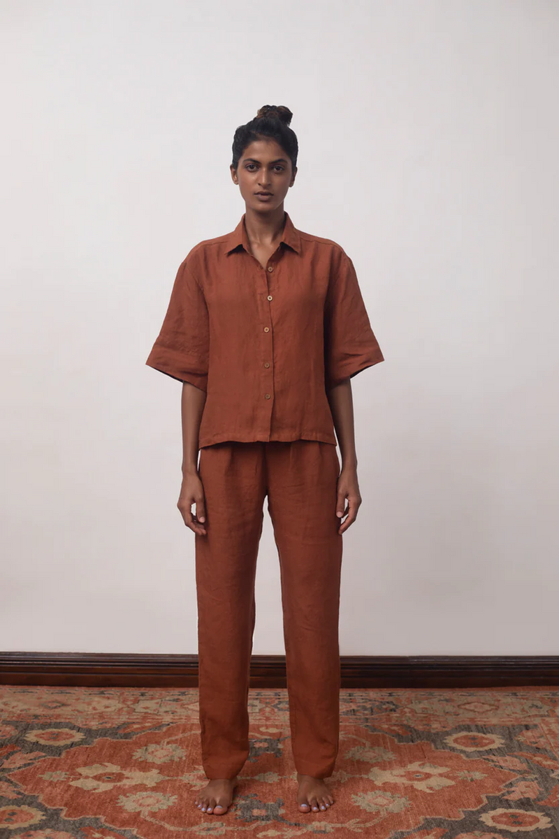 Cinnamon Linen Pyjama Set linen by Saphed in rust color for women Worldwide