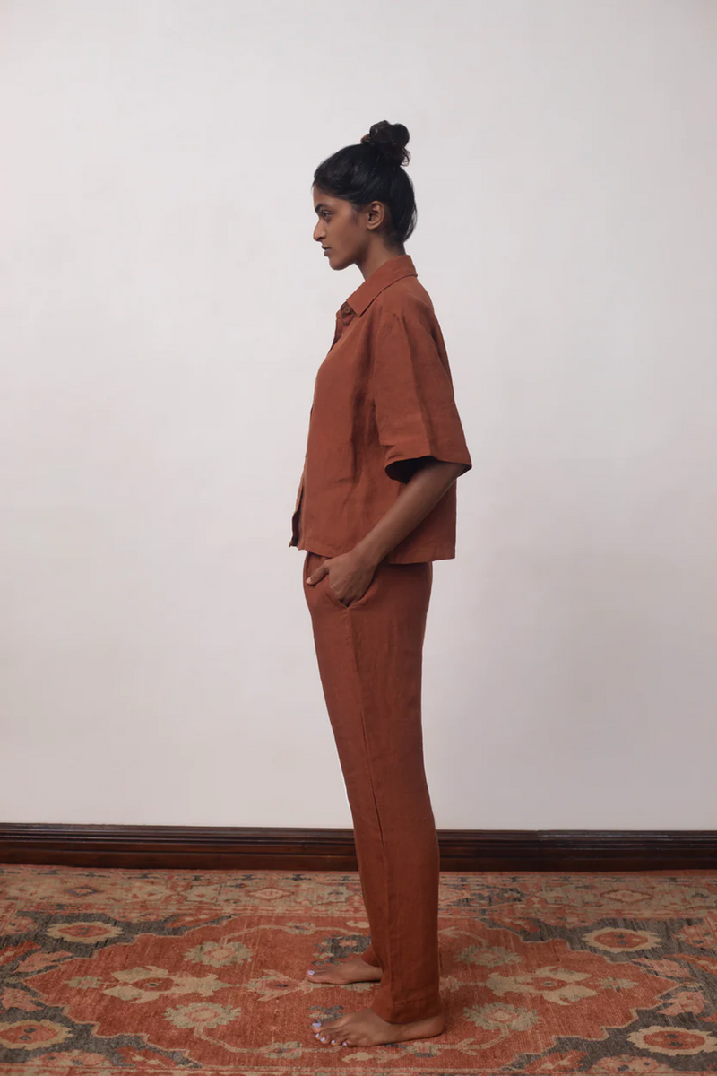 Cinnamon Linen Pyjama Set linen by Saphed in rust color for women Worldwide