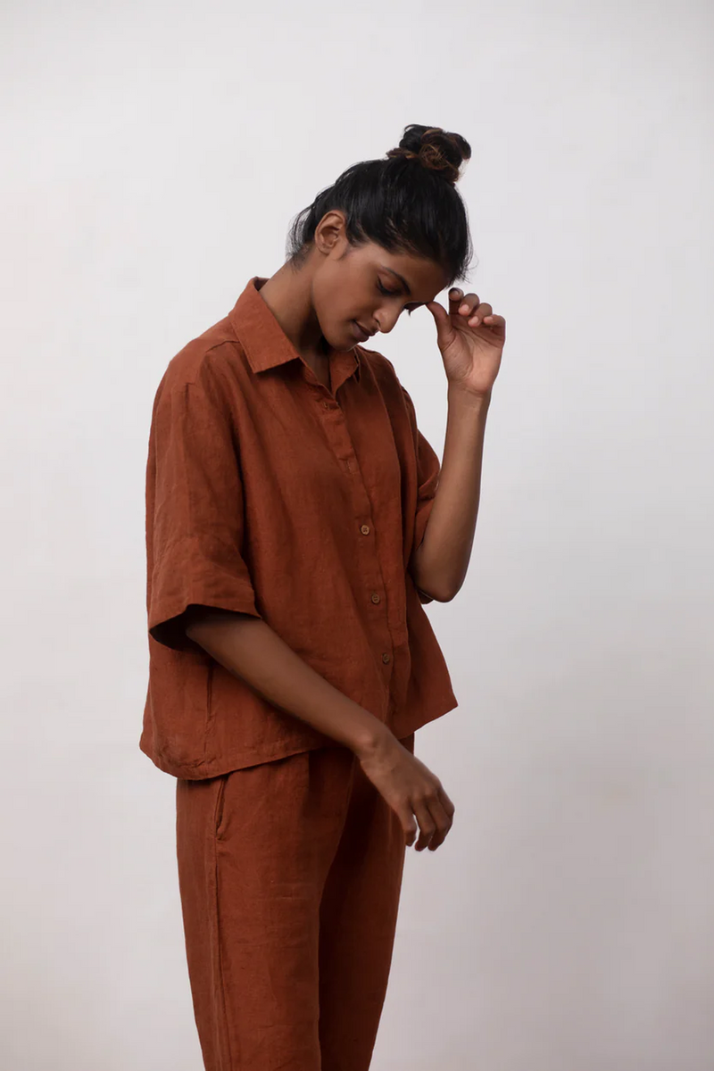 Cinnamon Linen Pyjama Set linen by Saphed in rust color for women Worldwide