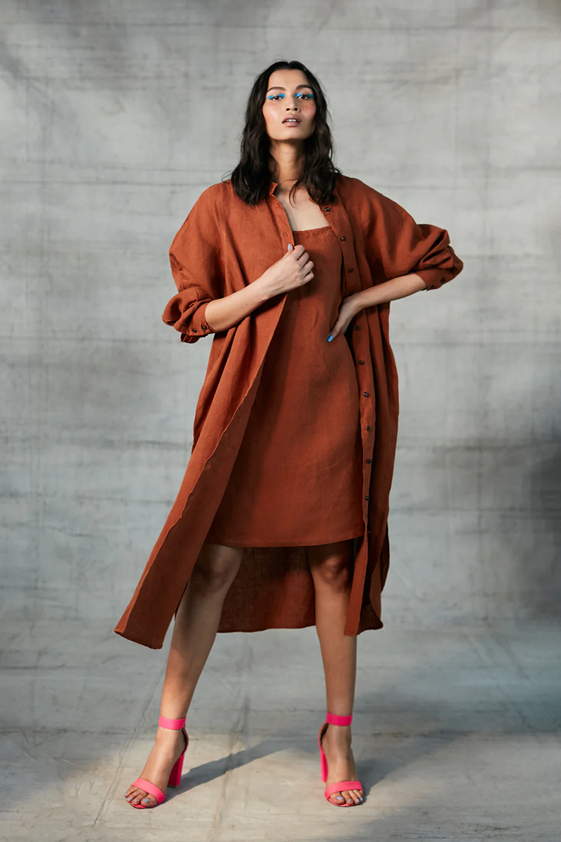 Cinnamon Linen Slip Dress linen by Saphed in rust color for women Worldwide