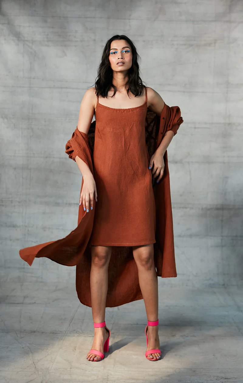 Cinnamon Linen Slip Dress linen by Saphed in rust color for women Worldwide