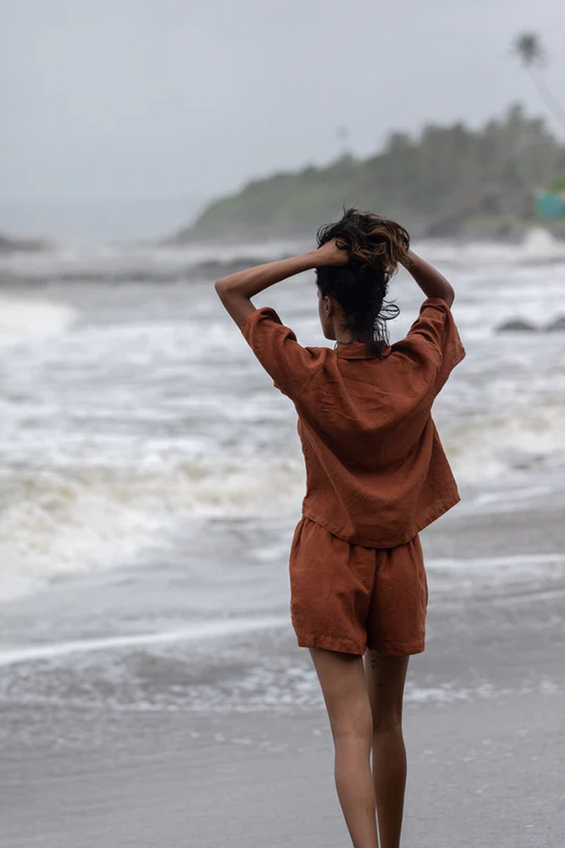 Cinnamon Linen Women's Shorts Set linen by Saphed in rust color for women Worldwide