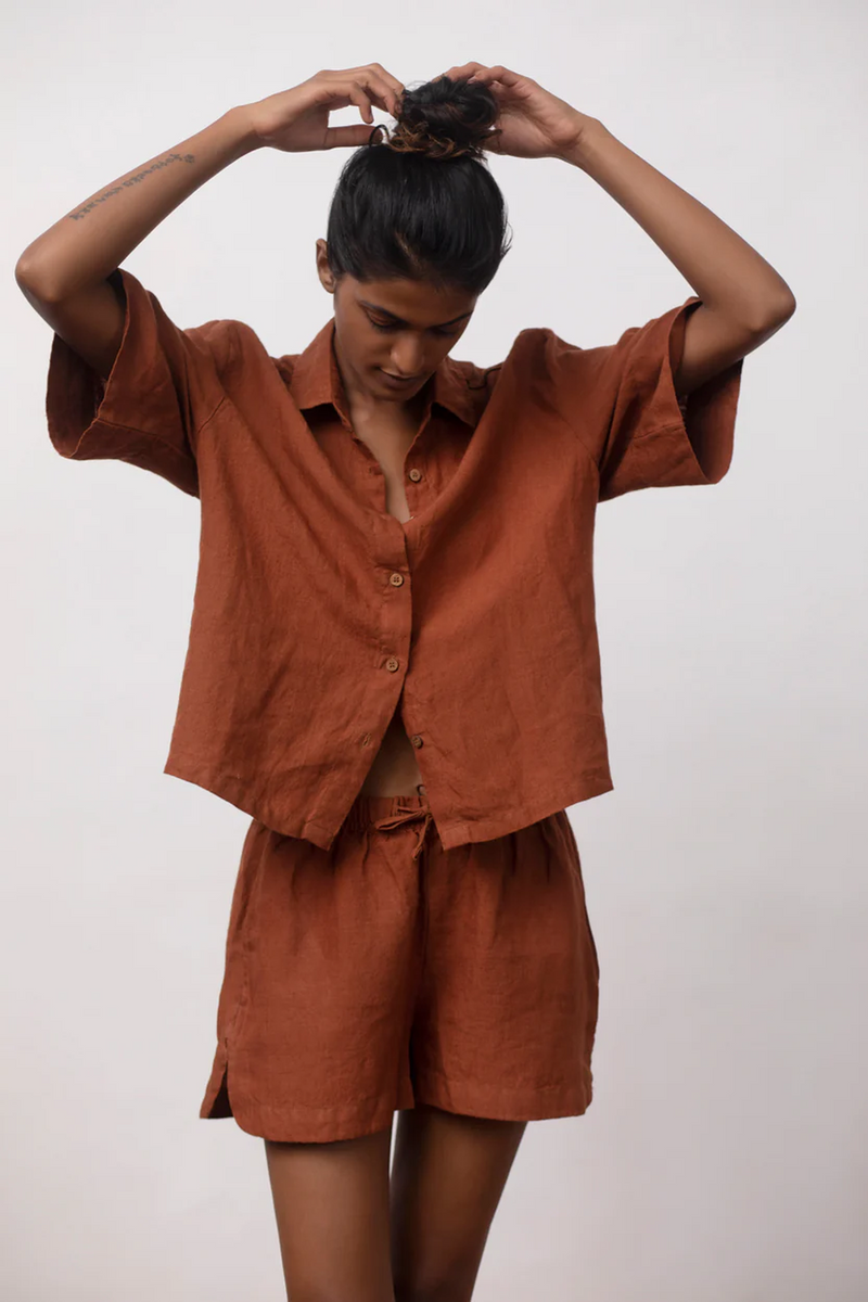 Cinnamon Linen Women's Shorts Set linen by Saphed in rust color for women Worldwide
