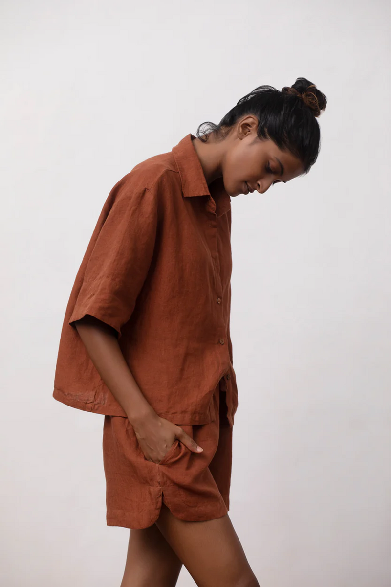 Cinnamon Linen Women's Shorts Set linen by Saphed in rust color for women Worldwide