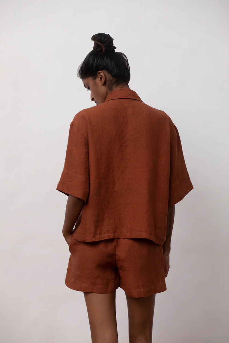 Cinnamon Linen Women's Shorts Set linen by Saphed in rust color for women Worldwide