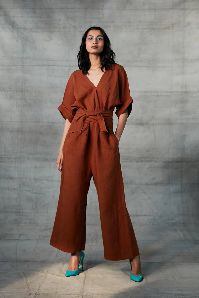 Cinnamon Linen Wrapped Jumpsuit linen by Saphed in rust color for women Worldwide