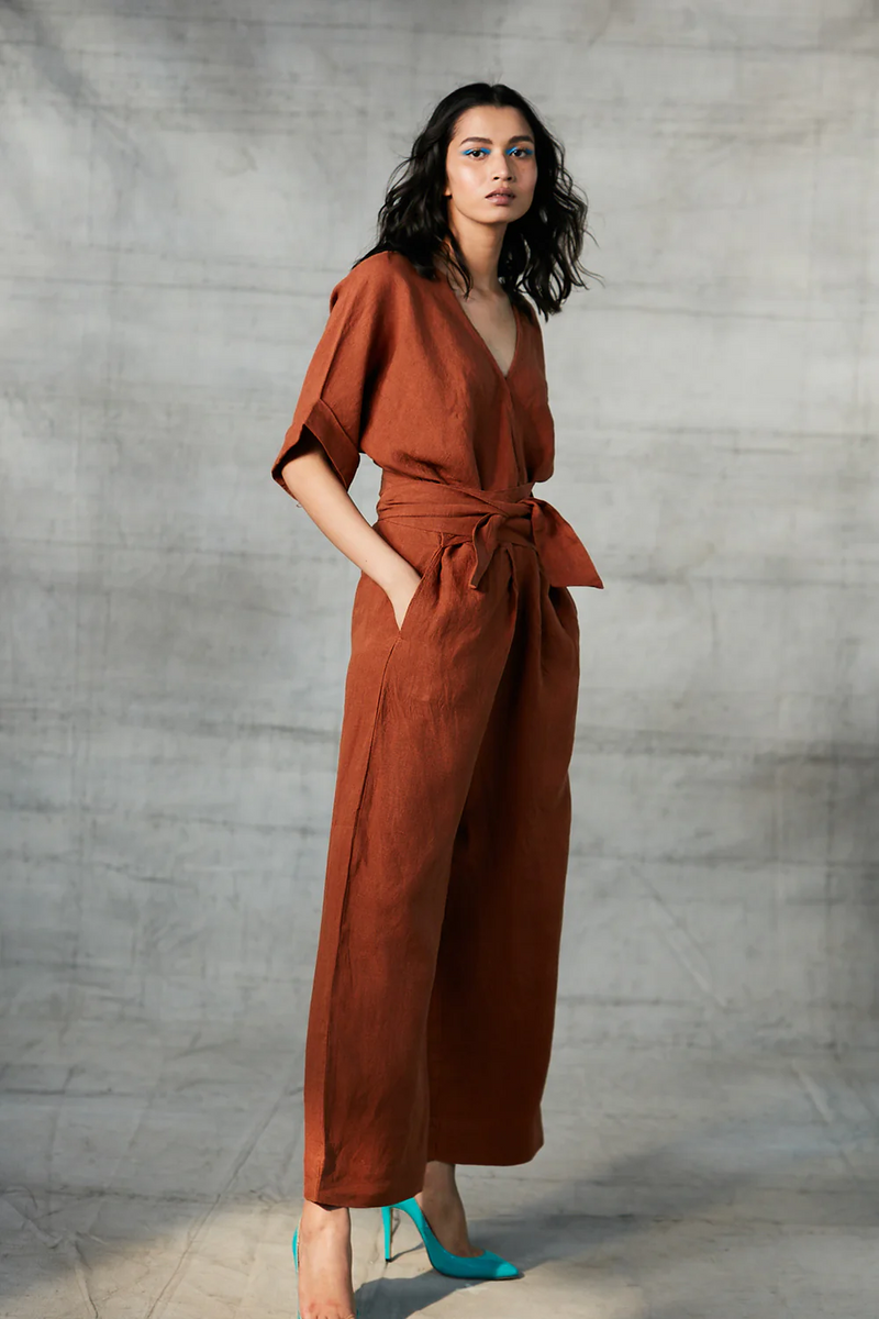 Cinnamon Linen Wrapped Jumpsuit linen by Saphed in rust color for women Worldwide