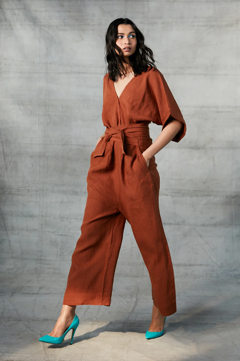 Cinnamon Linen Wrapped Jumpsuit linen by Saphed in rust color for women Worldwide