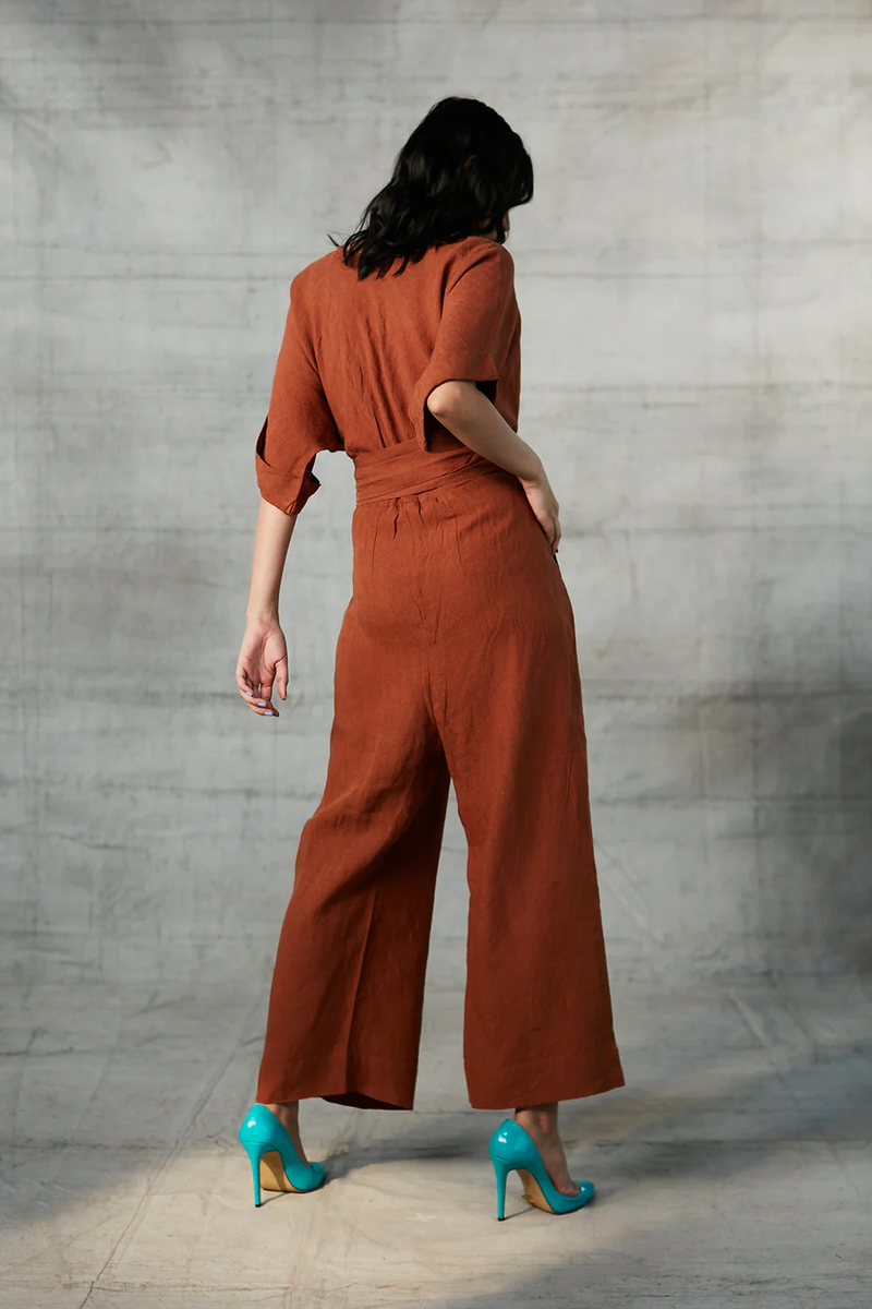 Cinnamon Linen Wrapped Jumpsuit linen by Saphed in rust color for women Worldwide