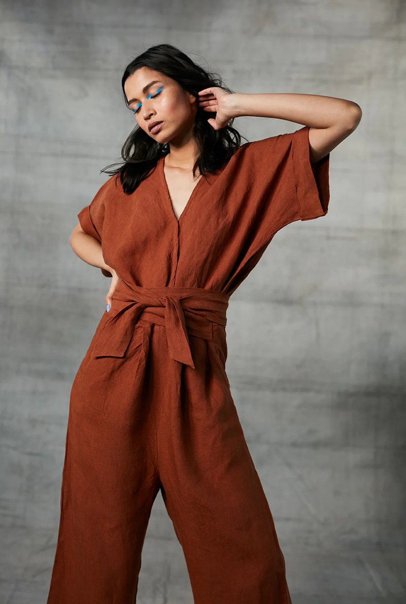 Cinnamon Linen Wrapped Jumpsuit linen by Saphed in rust color for women Worldwide