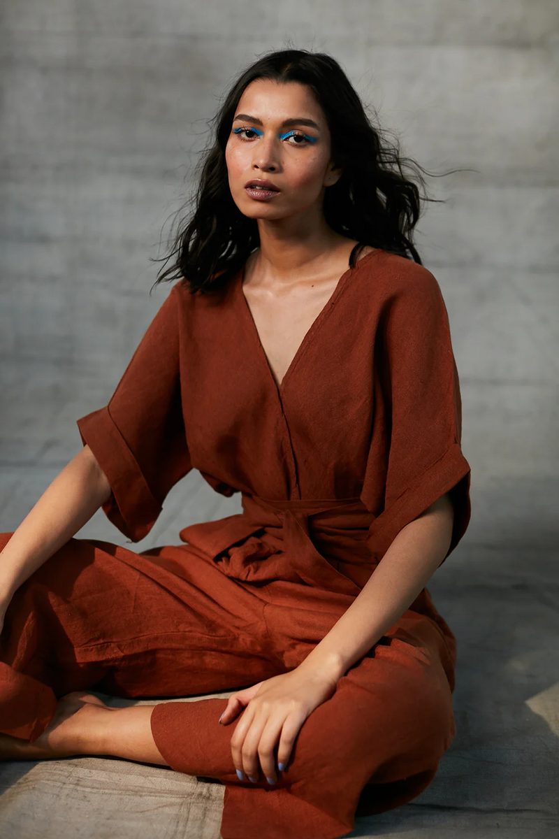 Cinnamon Linen Wrapped Jumpsuit linen by Saphed in rust color for women Worldwide