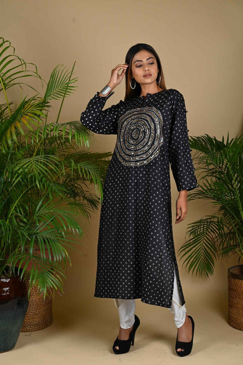 CIRCLE SEQUENCE KURTA-BLACK silk by Dyelogue in black color for women Worldwide