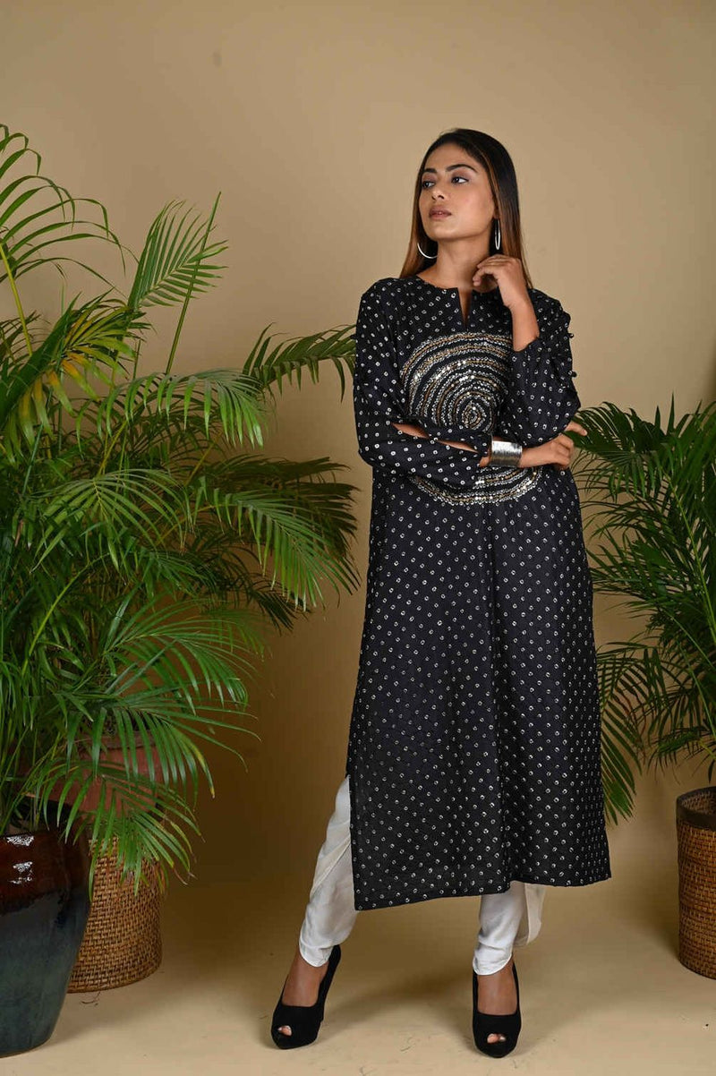 CIRCLE SEQUENCE KURTA-BLACK silk by Dyelogue in black color for women Worldwide