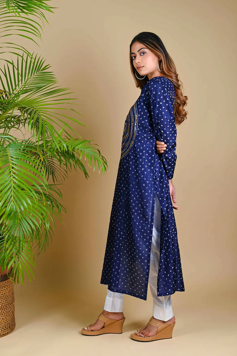 CIRCLE SEQUENCE KURTA-INDIGO BLUE silk by Dyelogue in blue color for women Worldwide