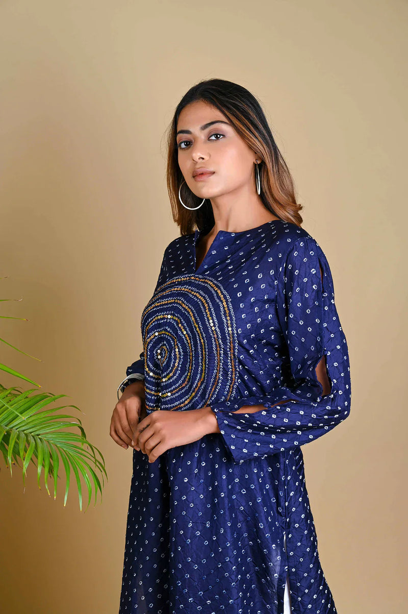 CIRCLE SEQUENCE KURTA-INDIGO BLUE silk by Dyelogue in blue color for women Worldwide