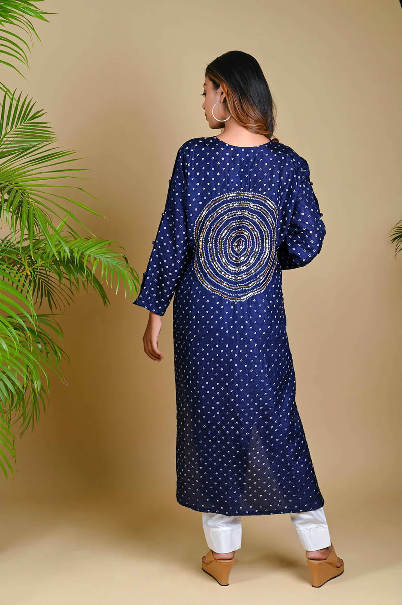 CIRCLE SEQUENCE KURTA-INDIGO BLUE silk by Dyelogue in blue color for women Worldwide