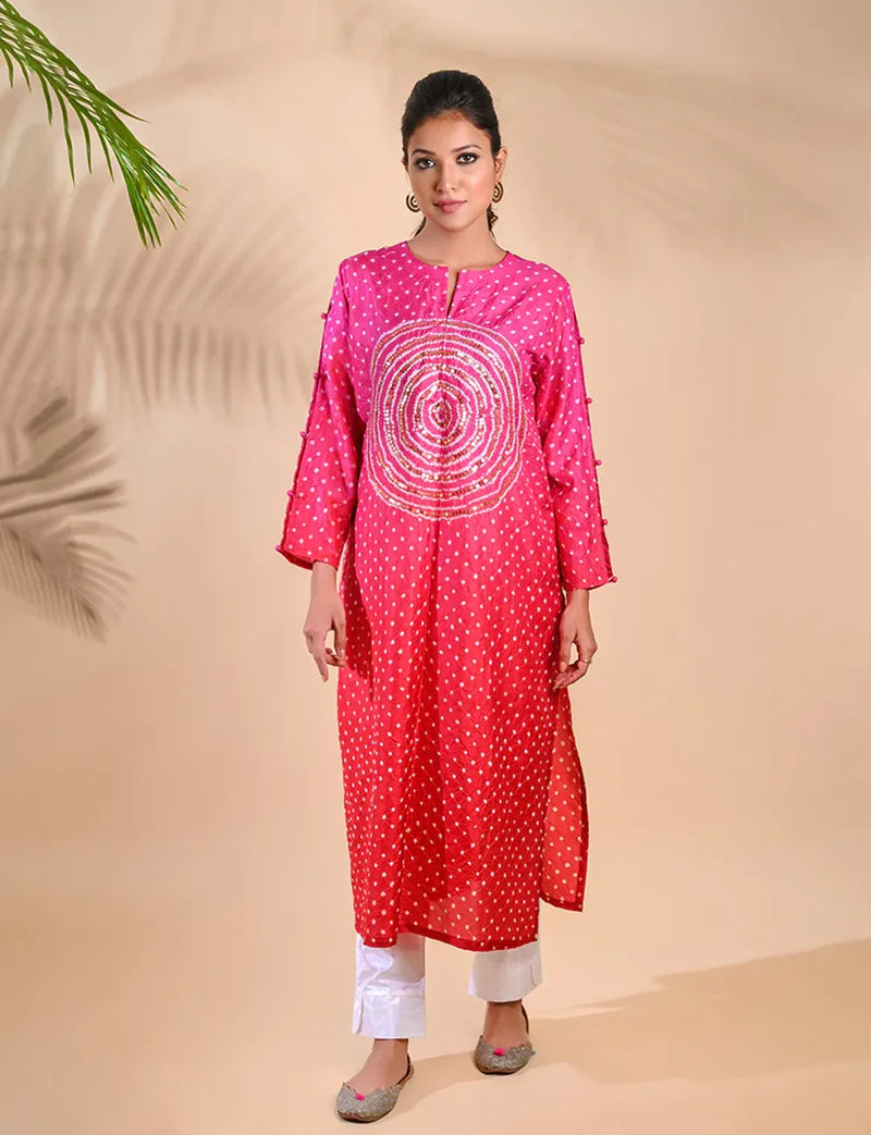 CIRCLE SEQUENCE KURTA-PINK RED SHADED silk by Dyelogue in pink color for women Worldwide