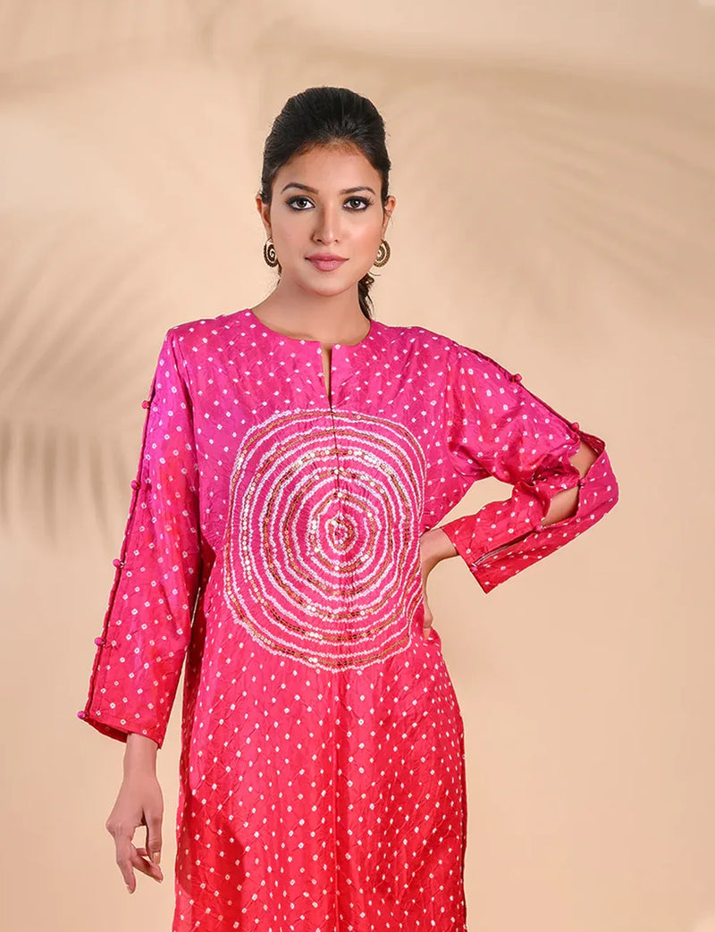 CIRCLE SEQUENCE KURTA-PINK RED SHADED silk by Dyelogue in pink color for women Worldwide