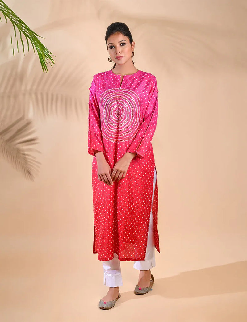 CIRCLE SEQUENCE KURTA-PINK RED SHADED silk by Dyelogue in pink color for women Worldwide
