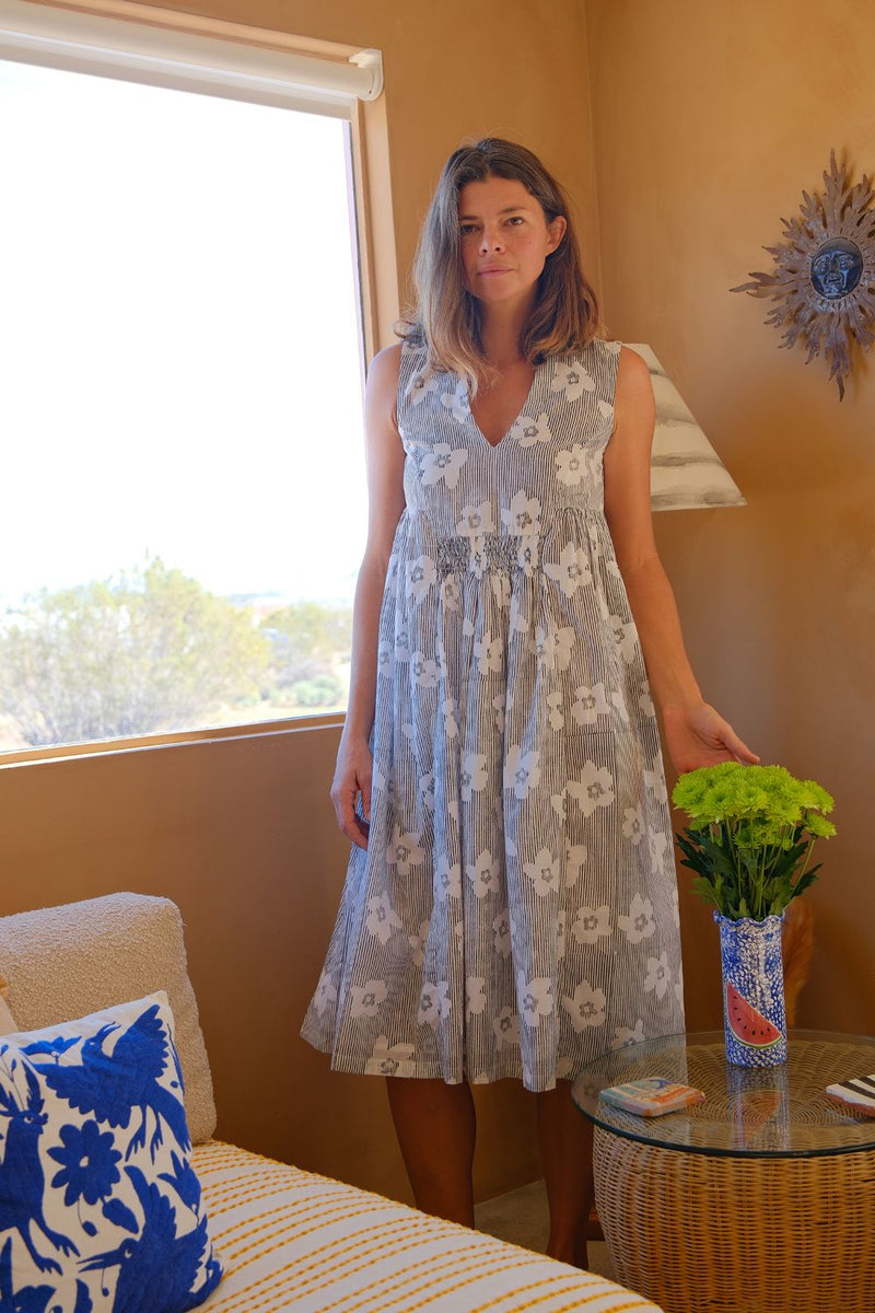 Clara Dress — Bloom Print hand block printed cotton dress by World of Crow in black for women Worldwide