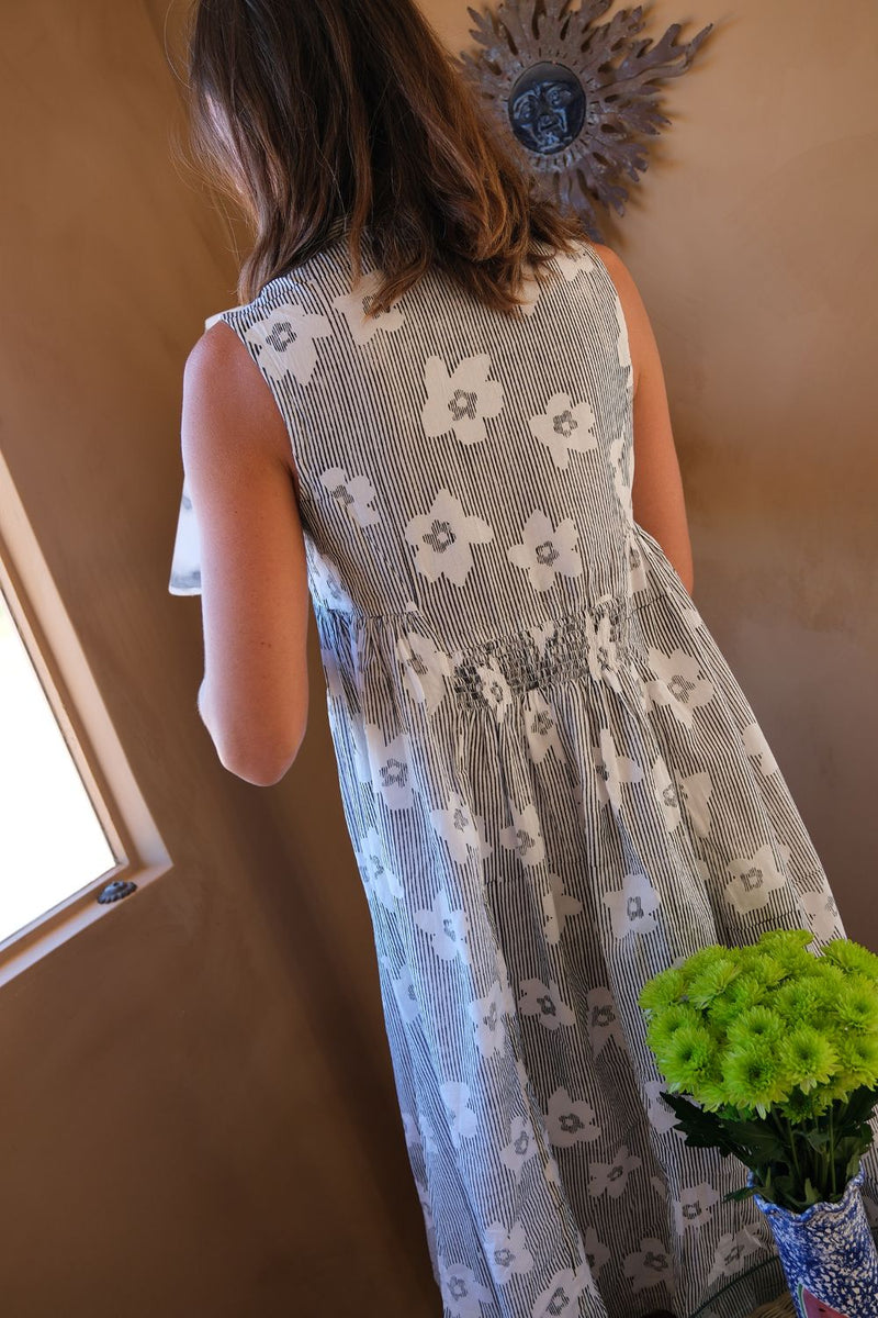 Clara Dress — Bloom Print hand block printed cotton dress by World of Crow in black for women Worldwide